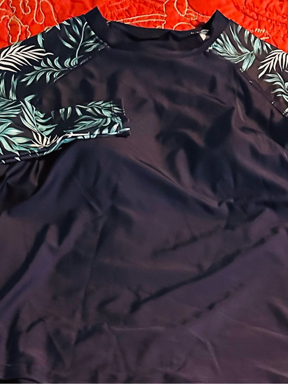 Navy Women's Long-Sleeve Rash Guard with Tropical Leaf Sleeves